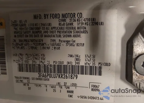 2019 Ford Fusion Hybrid Se из США, поврежденный, VIN 3FA6P0LU7KR261879